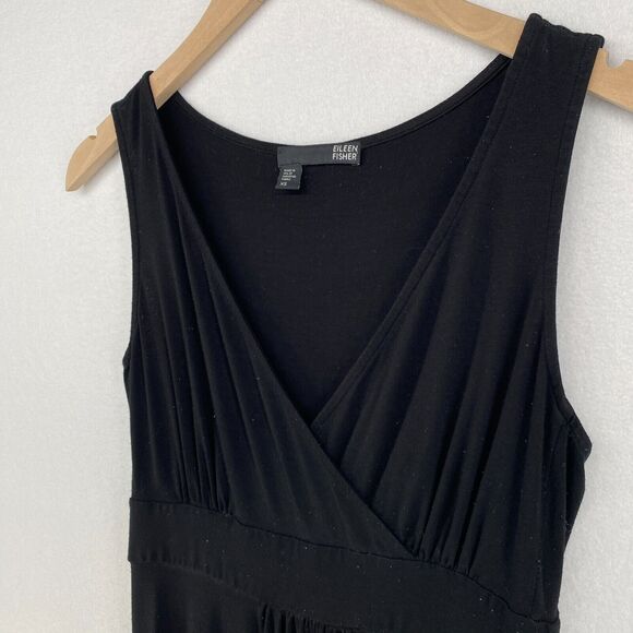 EILEEN FISHER Dress XS Stretch Rayon Jersey Surplice Tank Maxi Shirred Black USA - Picture 2 of 16